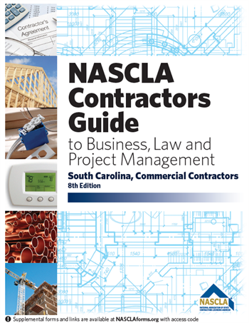 Cover of NASCLA Contractors Guide 9th Edition for South Carolina commercial contractors with construction tools and blueprints