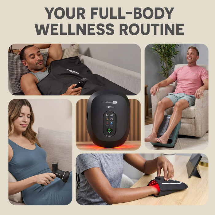 "Your Full-Body Wellness Routine" collage showing a heat wrap, the DualThera Red hand massager, a calf/foot massager, a percussion massage gun, and an arm wrap in use.