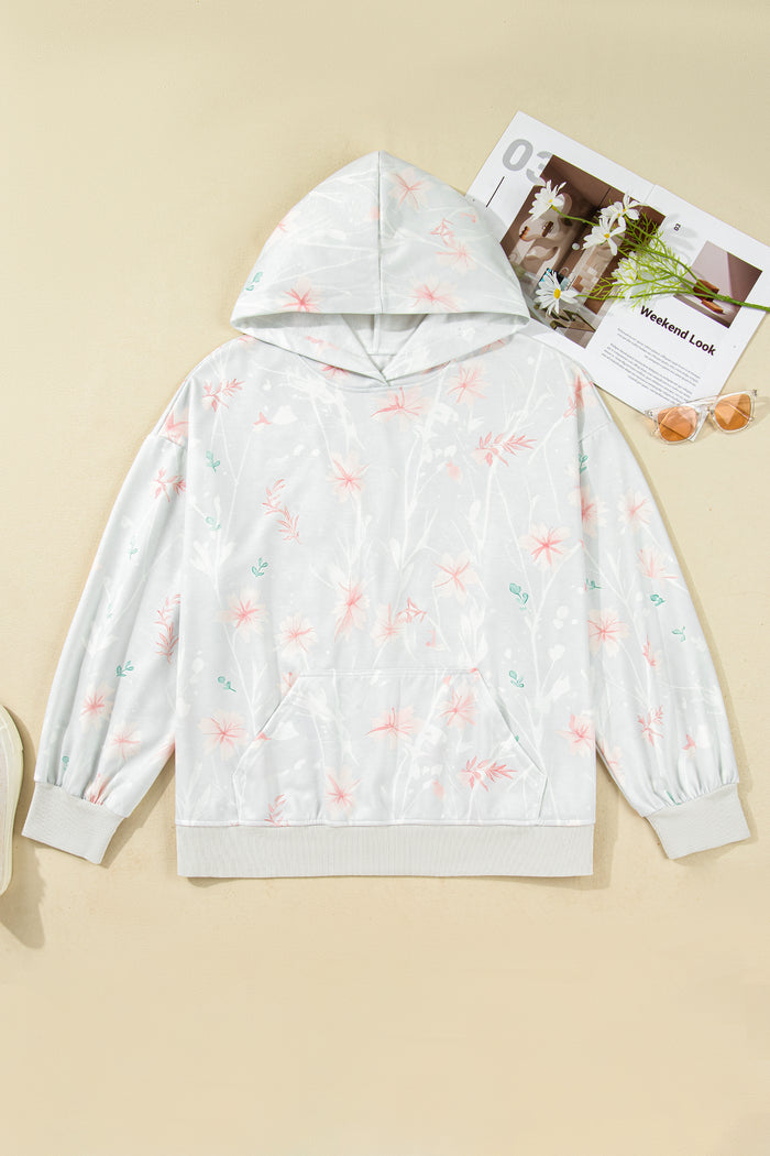 Gray Floral Print Plus Size Loose Hoodie