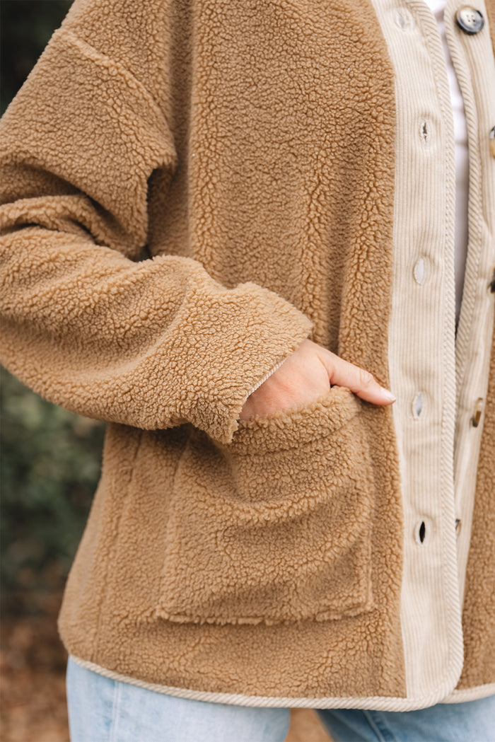 Light French Beige Puffy Plush Corduroy Edge Patchwork Jacket with Big Pockets