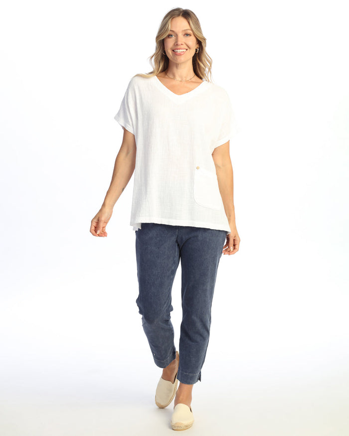 Mineral Washed Cotton Gauze V-Neck Top with Patch Pocket and Buttons - M135