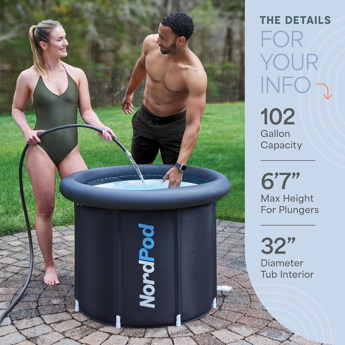 Man and woman filling the NordPod with a garden hose, with spec callouts for 102-gallon capacity, 6'7" max plunger height, and 32-inch tub diameter.