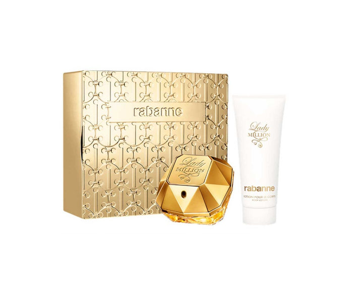 Paco Rabanne Lady Million perfume and sensual body lotion, featuring 80ml EDP spray and 100ml lotion bottles on display.