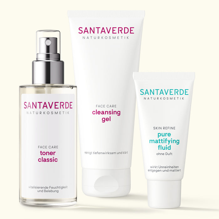 Santaverde Pflegeset Mischhaut – Naturkosmetik Set mit Aloe Vera Gesichtspflegeprodukten für Mischhaut auf hellem Hintergrund.