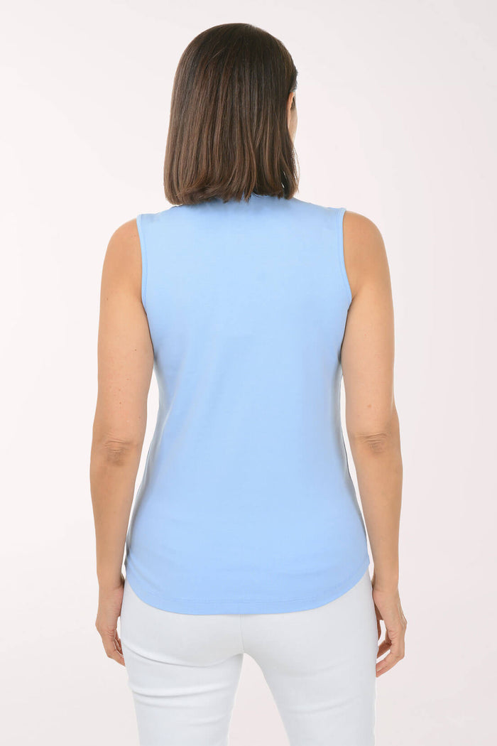 Woman wearing a light blue sleeveless top on a white background. Back shot