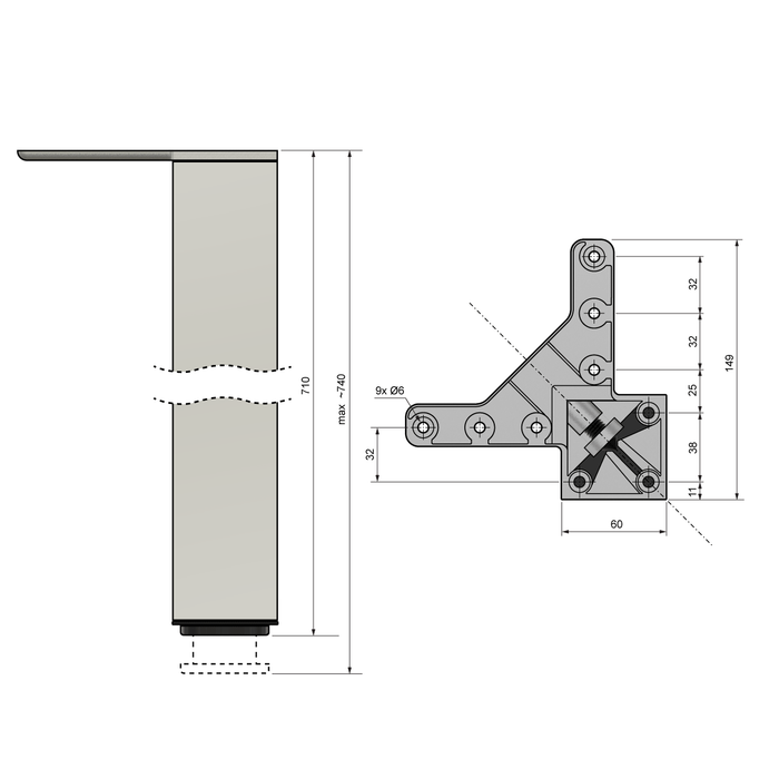 Square Furniture Leg 710mm, Chrome, ZnAl Mounting Plate Furnica