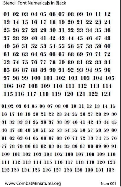 1/300 - 1/600 Stencil Numbers in Black Water Slide Decals - Combat Miniatures