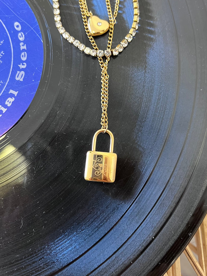 18K Gold Plated Stainless Steel Love You Layered Lock Necklace