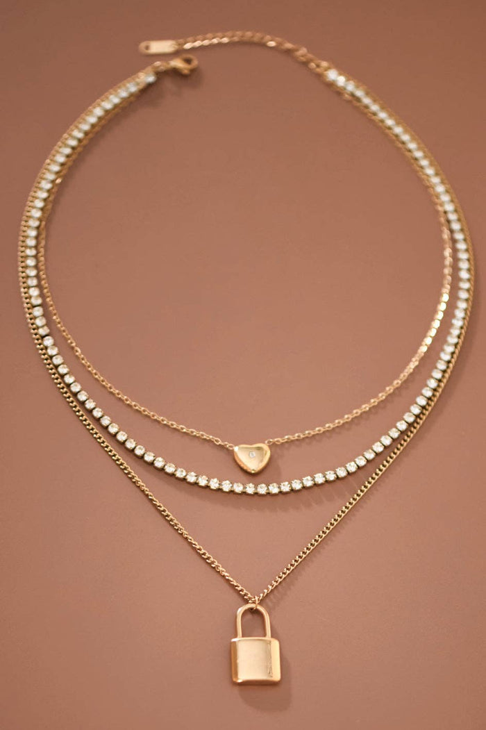 18K Gold Plated Stainless Steel Love You Layered Lock Necklace