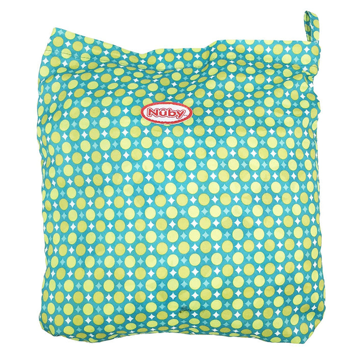 The Nuby 2-in-1 Universal Size Shopping Cart & High Chair Cover comes in a square fabric bag with teal and yellow polka dots, a red Nuby logo, and a loop handle for easy carrying. Ideal for storing your baby's seat cover.