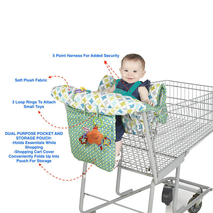 A smiling baby sits in a cart using the Nuby 2-in-1 Universal Size Shopping Cart & High Chair Cover, featuring plush fabric, a 5-point harness, 3 toy loops, and a dual-use pocket. Blue text labels detail the seat protector’s features.