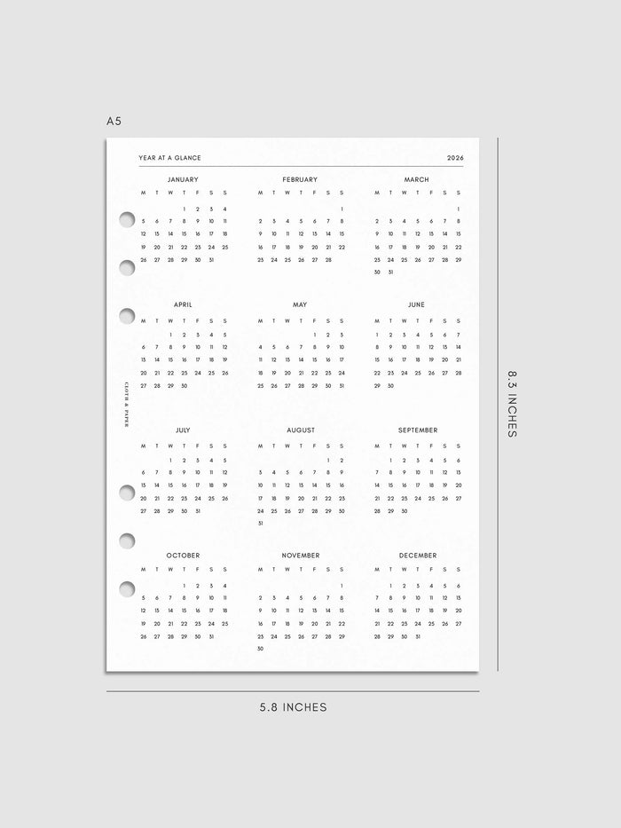 Digital mockup of insert in A5. Year at a glance shown.