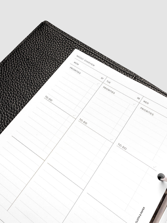 2027 Dated Weekly Task Planner Inserts, Monday Start, A5 6-Ring Punch, close-up of the top of the left page showing labeled priorities and to-do sections at the top of each weekday column