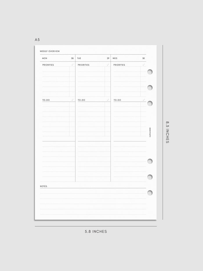 2027 Dated Weekly Task Planner Inserts, Monday Start, A5 6-Ring Punch, left page of weekly spread showing vertical columns for Monday through Wednesday with labeled priorities, to-do, and open notes sections