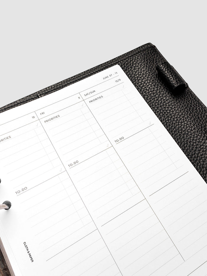 2027 Dated Weekly Task Planner Inserts, Monday Start, A5 6-Ring Punch, close-up of the top of the right page showing labeled priorities and to-do sections including the combined Saturday and Sunday column