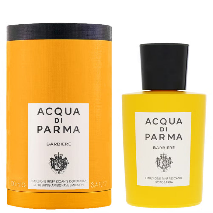 Acqua di Parma Collezione Barbiere aftershave emulsion in a 100ml bottle, featuring elegant packaging and a sleek design.