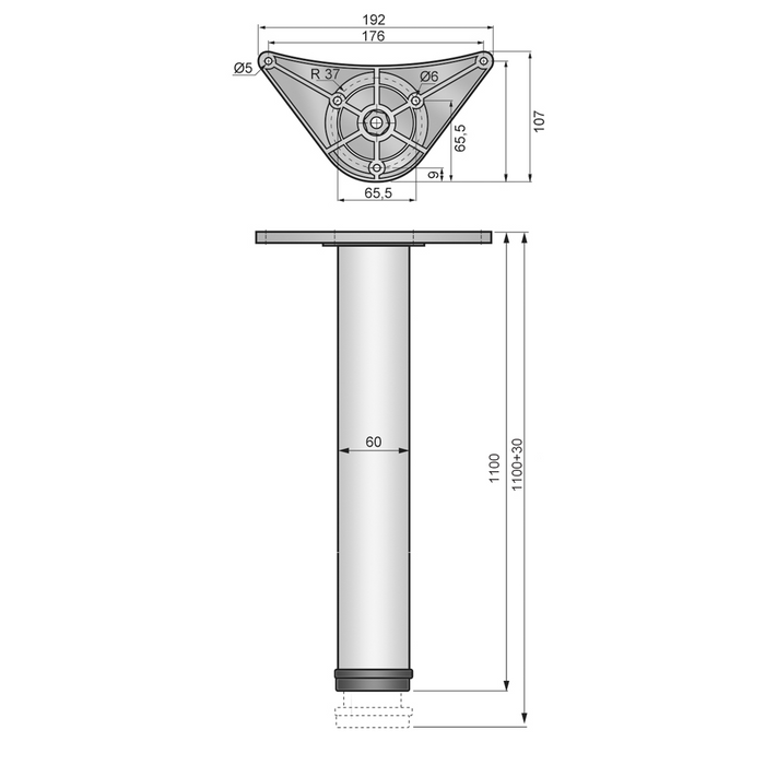 Adjustable Furniture Leg 43-5/16 inch - ZnAl Mounting Plate - White (2) – Furnica