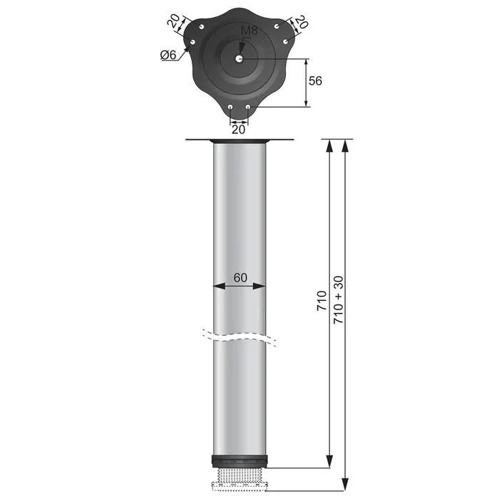 Adjustable Table Leg 28 inch (71 cm) High - Steel Mounting Plate - White