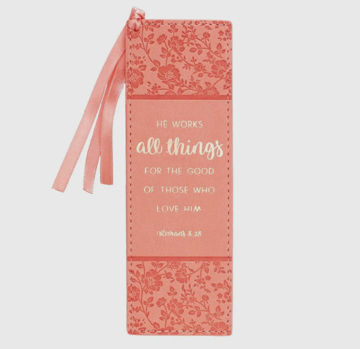 All Things Rom. 8:28 Bookmark Faux Leather Coral