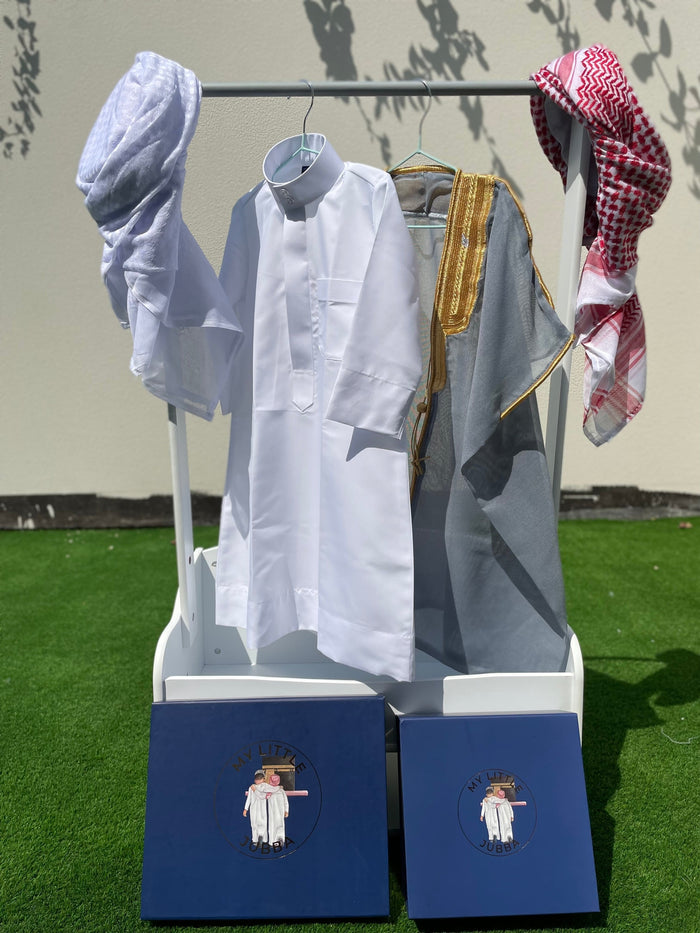 Deluxe Baby Boy Thobe Gift Set | Grey Bisht 0-12 Months - 4 Items