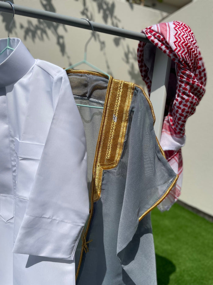 Deluxe Baby Boy Thobe Gift Set | Grey Bisht 0-12 Months - 4 Items