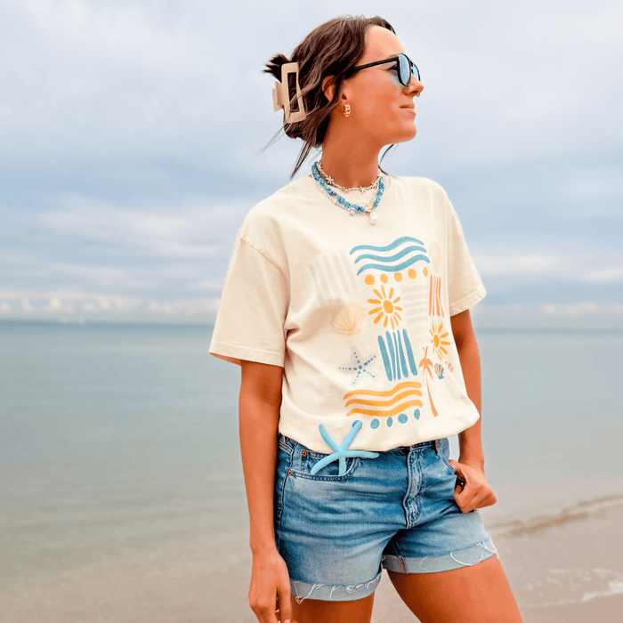 model wearing Beachy Bits Tee