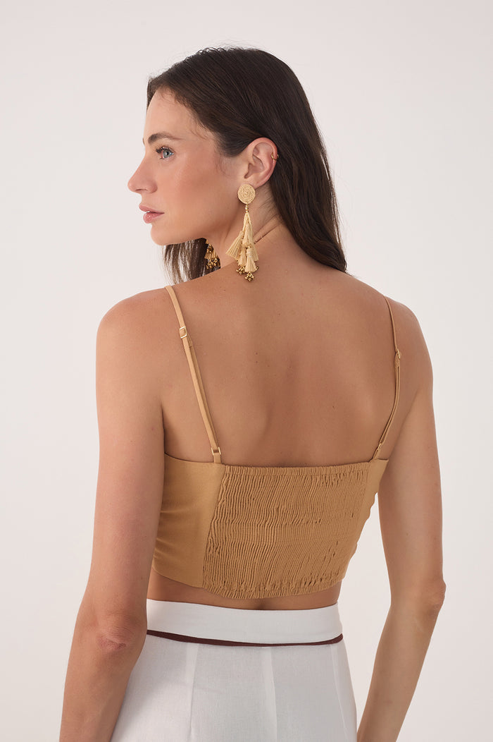 Beige V Neck Detail Cut-Out Crop Top_4
