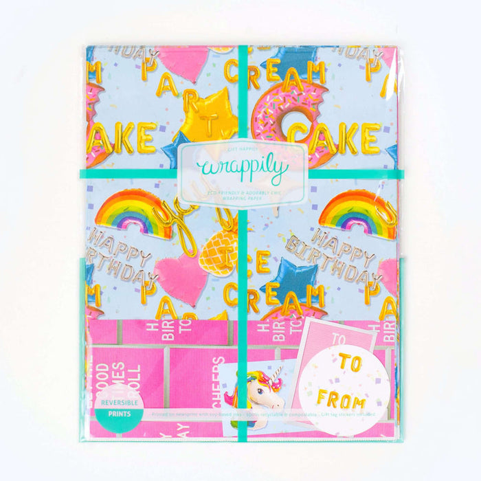 Wrappily Eco Gift Wrapping Paper. Double Sided Premium Newsprint Made in the USA - Birthday Balloons / Letter Board