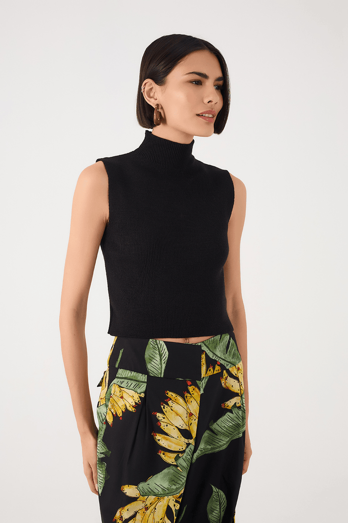 Black High Neck Ribbed Tricot Blouse_3