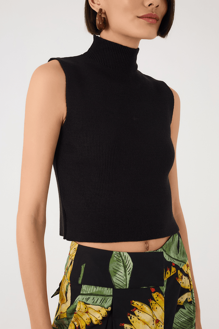 Black High Neck Ribbed Tricot Blouse_4