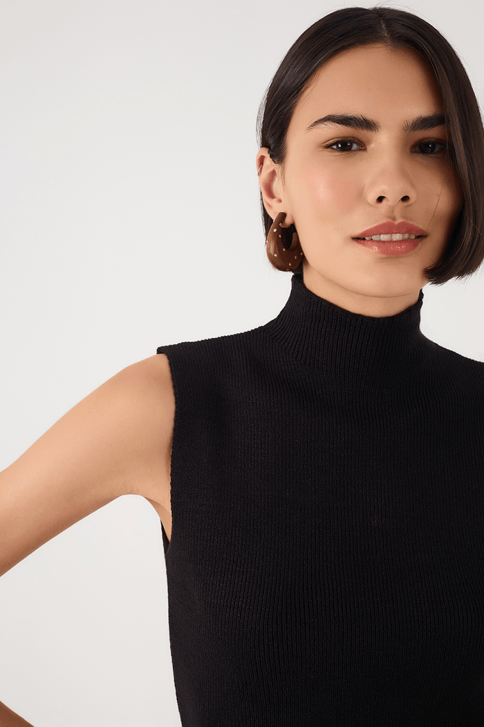 Black High Neck Ribbed Tricot Blouse_5