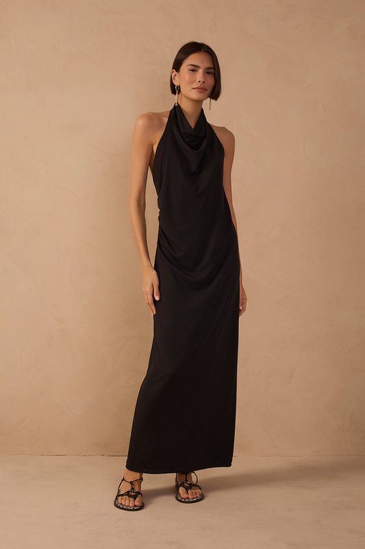 Black Ruched Halter Neck Maxi Dress_1