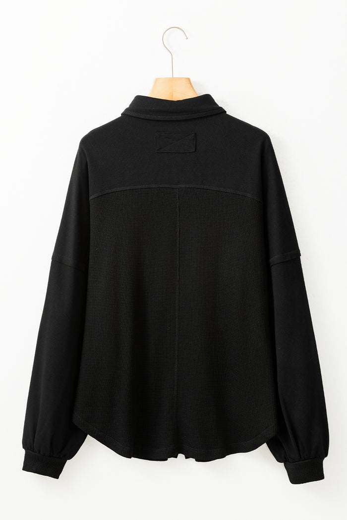 Black Waffle Knit Patchwork Exposed Seam Loose Shacket