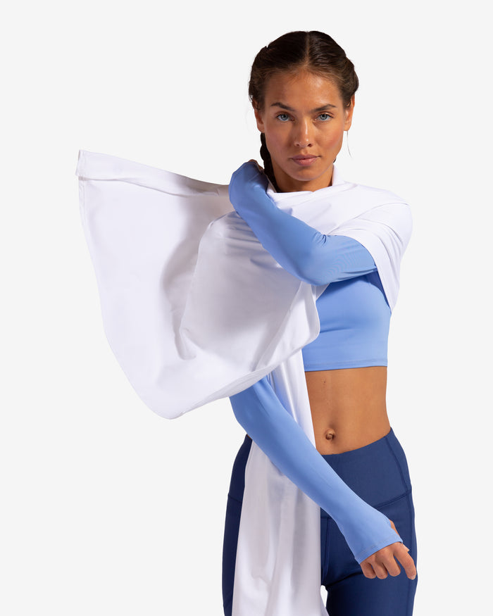 Women wearing white blanket wrap around her shoulders (Style 5000) - BloqUV