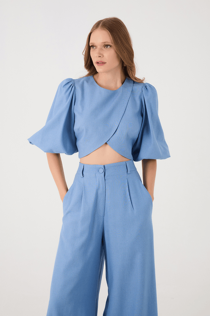 Blue Arpoador Puff Sleeve Wrap Crop Blouse_3