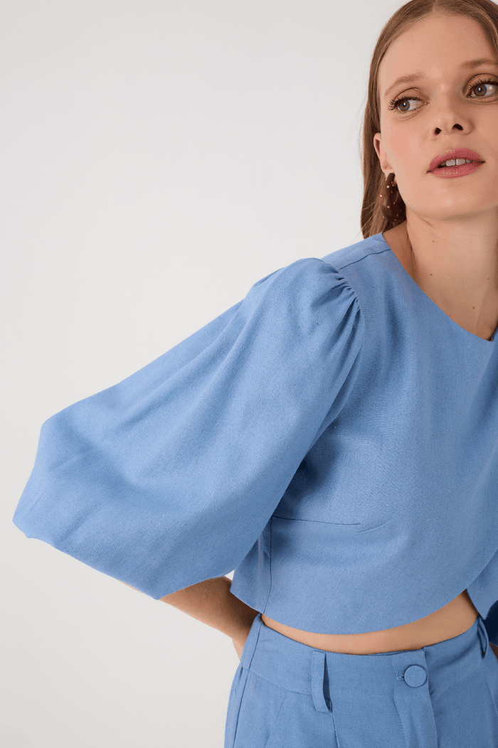 Blue Arpoador Puff Sleeve Wrap Crop Blouse_5