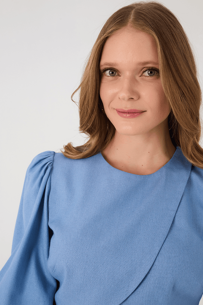 Blue Arpoador Puff Sleeve Wrap Crop Blouse_6