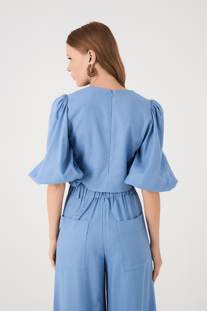Blue Arpoador Puff Sleeve Wrap Crop Blouse_7