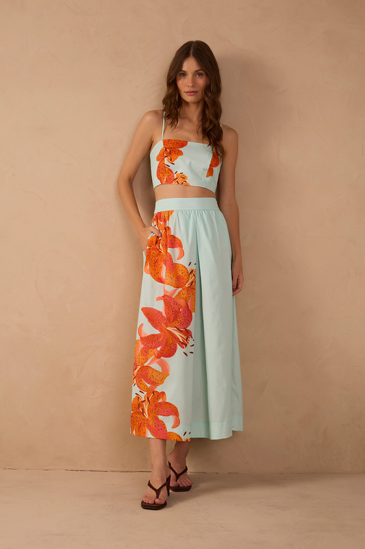 Blue Lírios Top and Midi Skirt Cotton Set