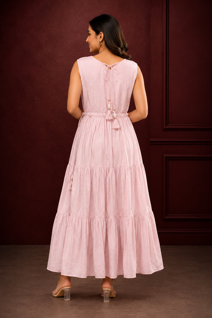 Blush Pink Mirror Work Tiered Maxi Dress