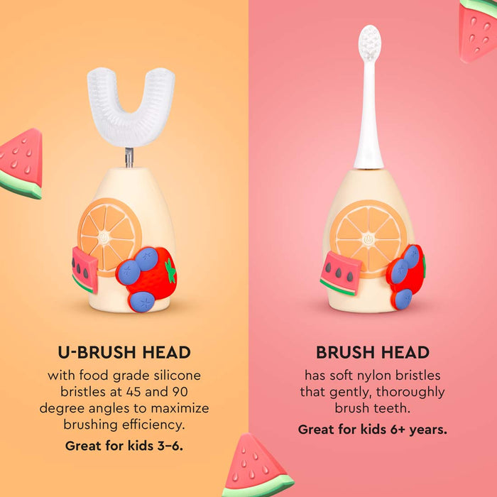 The Boka Kids Sonic Toothbrush has U-shaped heads for ages 3–6 and plaque-fighting heads for 6+.