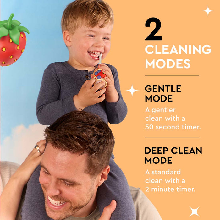 Smiling boy on man’s shoulders—make dental care fun with Boka Kids Sonic Toothbrush.