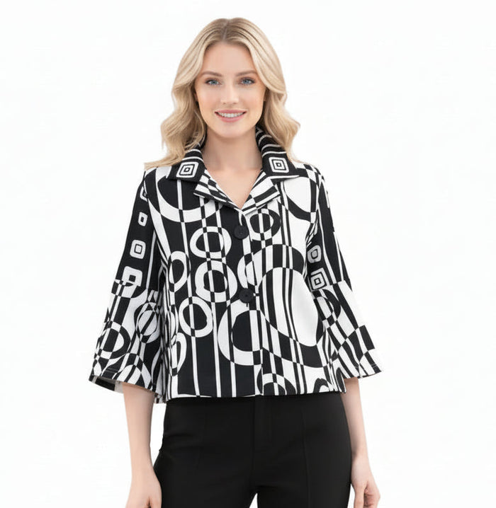 Bold Abstract Geometric Short Jacket - Black/White- 5086