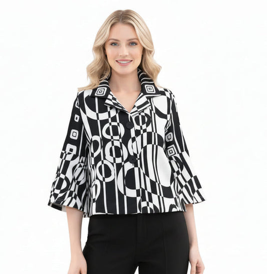 Bold Abstract Geometric Short Jacket - Black/White- 5086