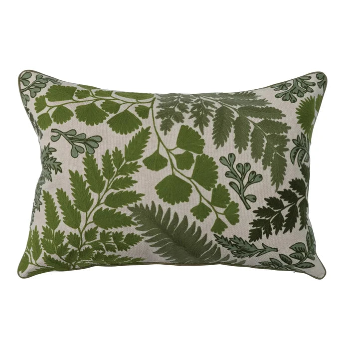 Botanical Fern Embroidered Lumbar Pillow 24" x 16"