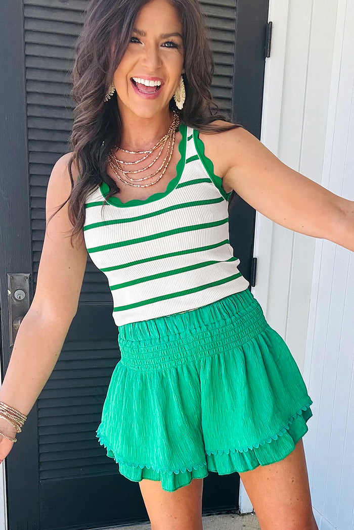 Bright Green Striped Scalloped Edge U Neck Sleeveless Sweater Vest