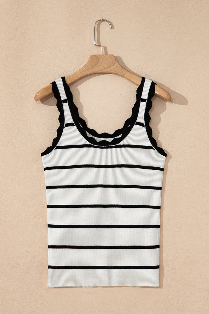 Bright Green Striped Scalloped Edge U Neck Sleeveless Sweater Vest