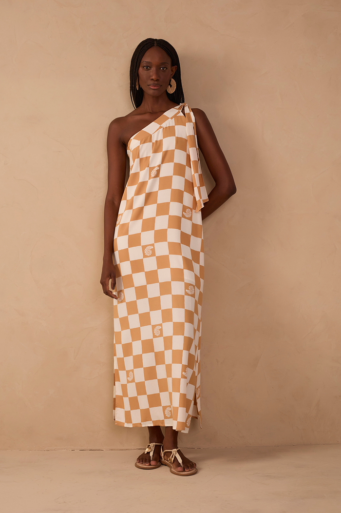 Brown Concha Plaid One-Shoulder Tie Maxi Dress_1