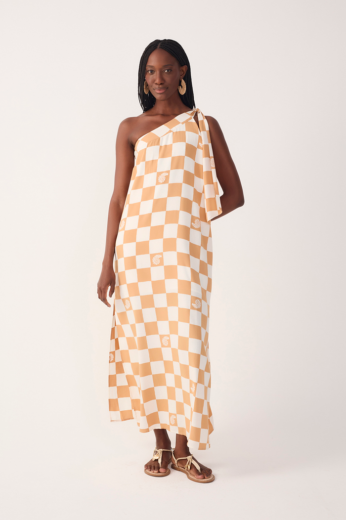 Brown Concha Plaid One-Shoulder Tie Maxi Dress_2