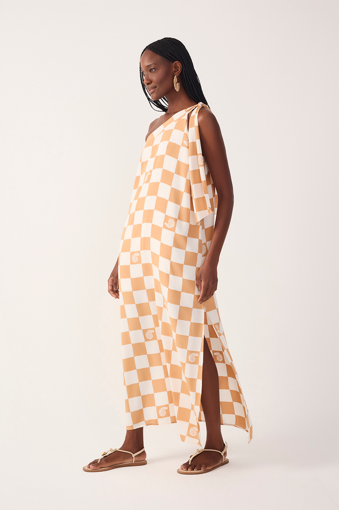 Brown Concha Plaid One-Shoulder Tie Maxi Dress_3